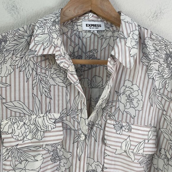 Express City Shirt Womens Small Floral Stripe Button Up Blouse Roll Tab Sleeve - Picture 2 of 8